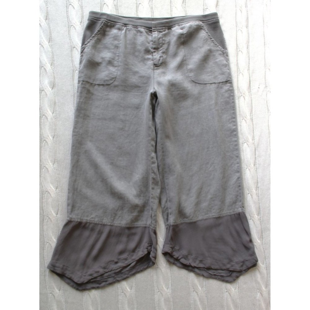 XCVI 100% Linen Lagenlook Gray Wide Leg Crop Pants Viscose Trim, Size L Large